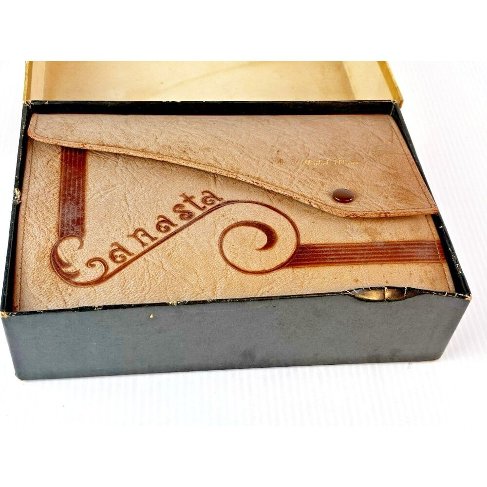 VTG CANASTA  Dbl Deck Playing Cards Set~Leatherette Case~w/Box~Personalized